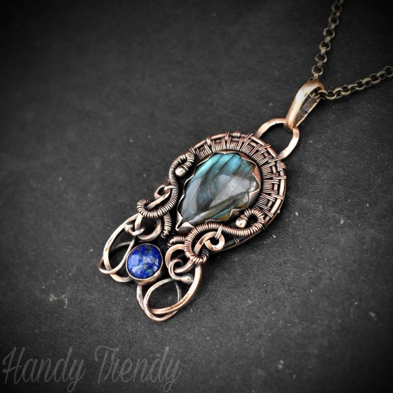 Blue labradorite and lapis lazuli double stone pendant, Copper wire wrapped jewelry, Unique handmade Gift, One of a kind artisan boho necklace