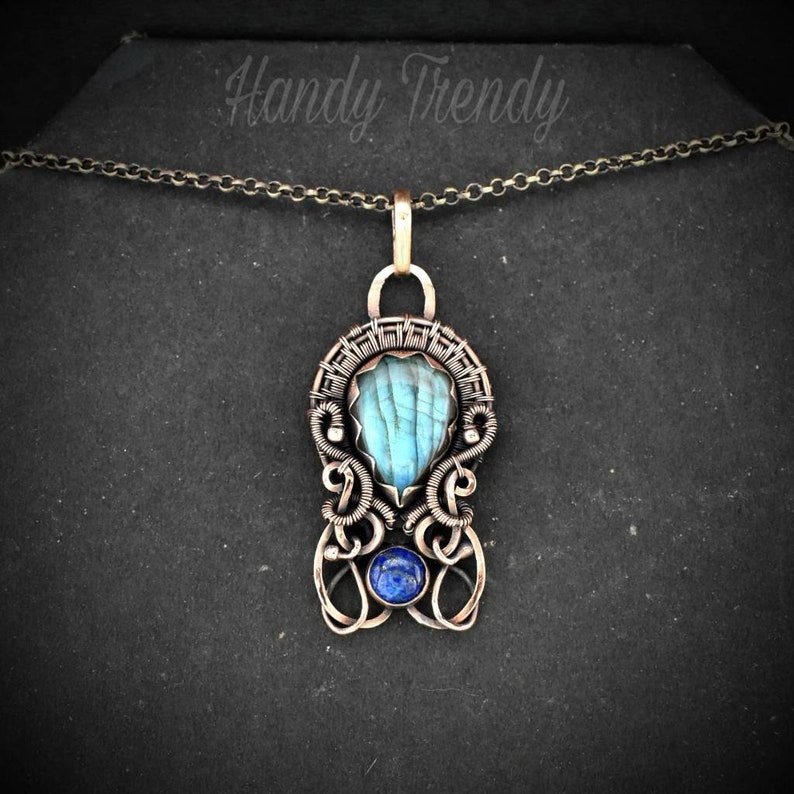 Blue labradorite and lapis lazuli double stone pendant, Copper wire wrapped jewelry, Unique handmade Gift, One of a kind artisan boho necklace
