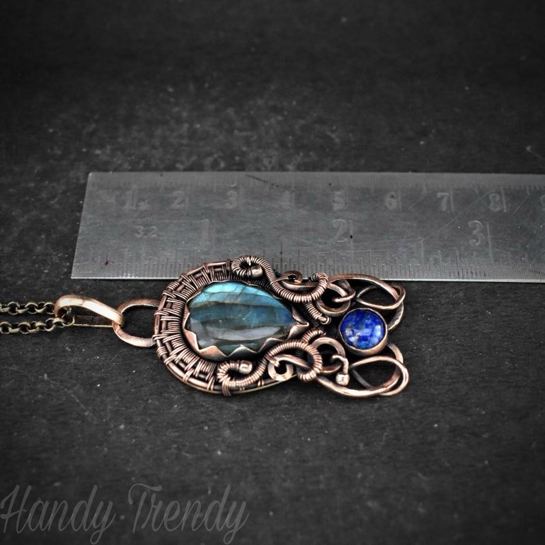 Blue labradorite and lapis lazuli double stone pendant, Copper wire wrapped jewelry, Unique handmade Gift, One of a kind artisan boho necklace