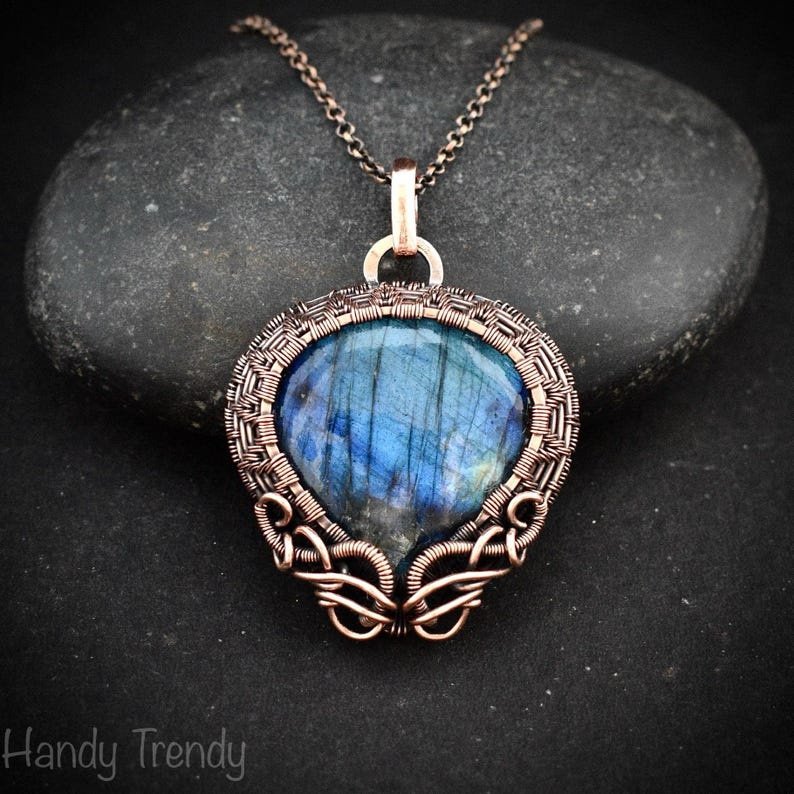 Blue labradorite pendant, Copper wire wrapped jewelry, Unique handmade gift, Celestial artisan jewelry, One of a kind necklace