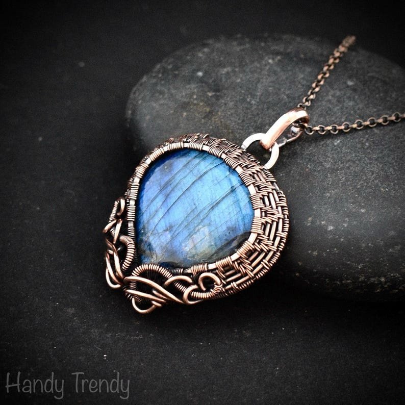 Blue labradorite pendant, Copper wire wrapped jewelry, Unique handmade gift, Celestial artisan jewelry, One of a kind necklace