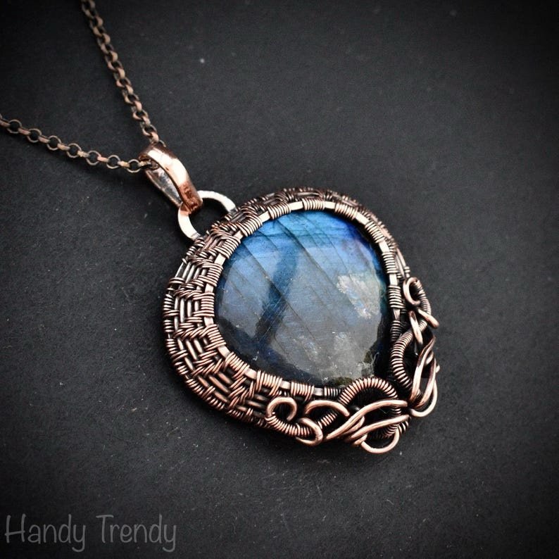 Blue labradorite pendant, Copper wire wrapped jewelry, Unique handmade gift, Celestial artisan jewelry, One of a kind necklace