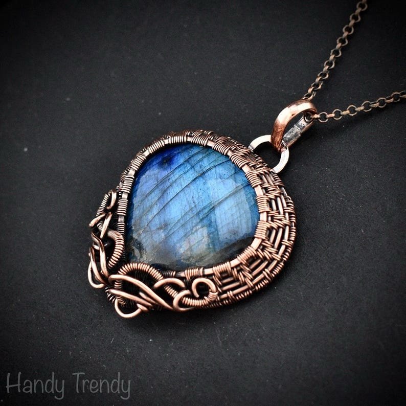 Blue labradorite pendant, Copper wire wrapped jewelry, Unique handmade gift, Celestial artisan jewelry, One of a kind necklace