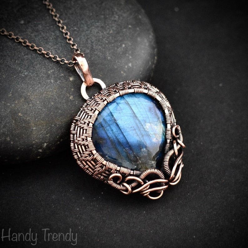 Blue labradorite pendant, Copper wire wrapped jewelry, Unique handmade gift, Celestial artisan jewelry, One of a kind necklace