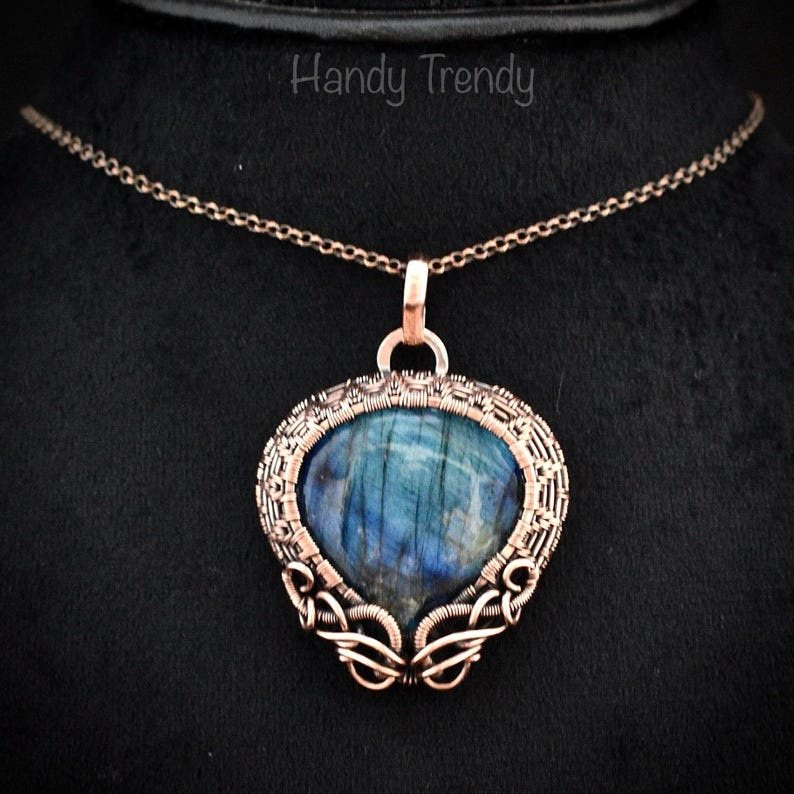 Blue labradorite pendant, Copper wire wrapped jewelry, Unique handmade gift, Celestial artisan jewelry, One of a kind necklace