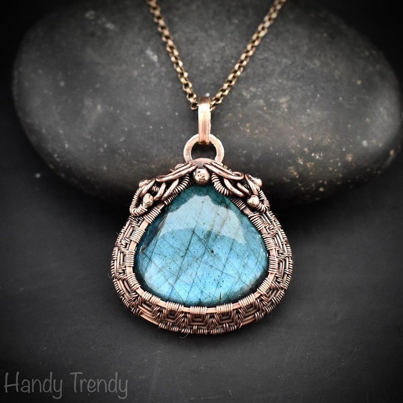Blue labradorite pendant, Copper wire wrapped jewelry, Unique handmade birthday gift, Celestial artisan jewelry, One of a kind necklace