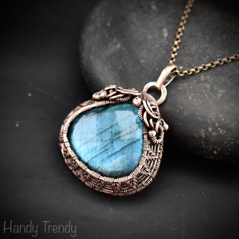 Blue labradorite pendant, Copper wire wrapped jewelry, Unique handmade birthday gift, Celestial artisan jewelry, One of a kind necklace