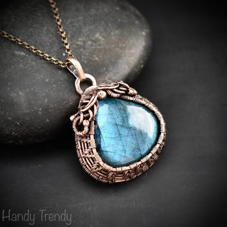 Blue labradorite pendant, Copper wire wrapped jewelry, Unique handmade birthday gift, Celestial artisan jewelry, One of a kind necklace