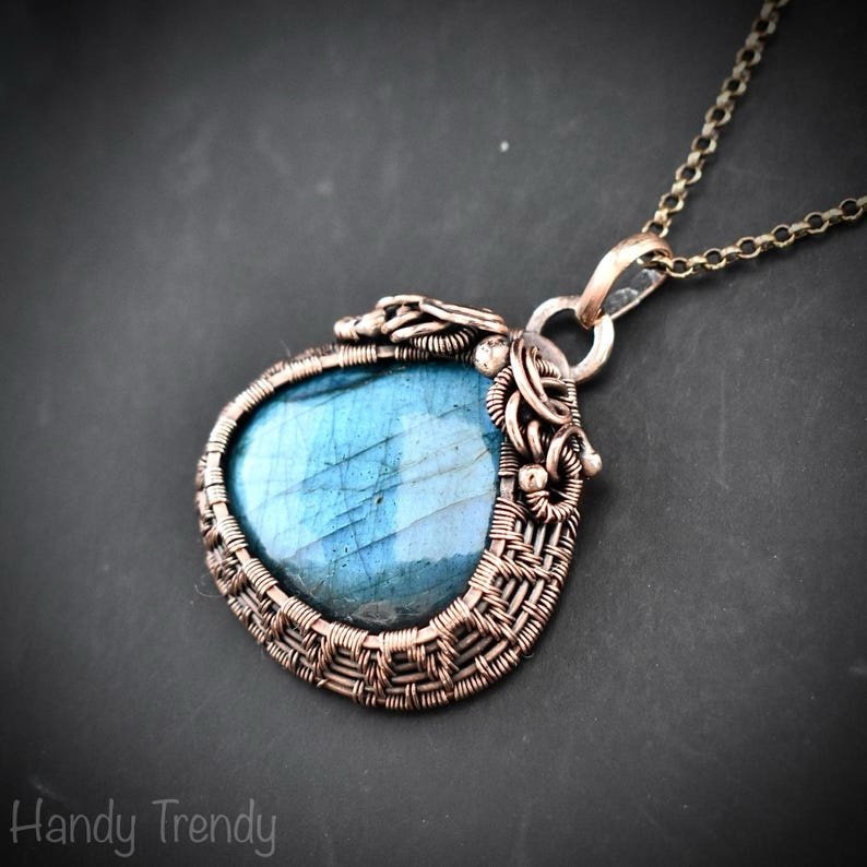 Blue labradorite pendant, Copper wire wrapped jewelry, Unique handmade birthday gift, Celestial artisan jewelry, One of a kind necklace