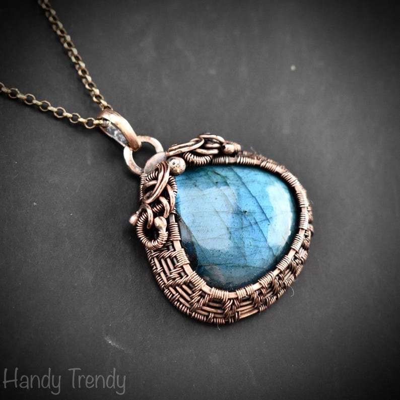 Blue labradorite pendant, Copper wire wrapped jewelry, Unique handmade birthday gift, Celestial artisan jewelry, One of a kind necklace