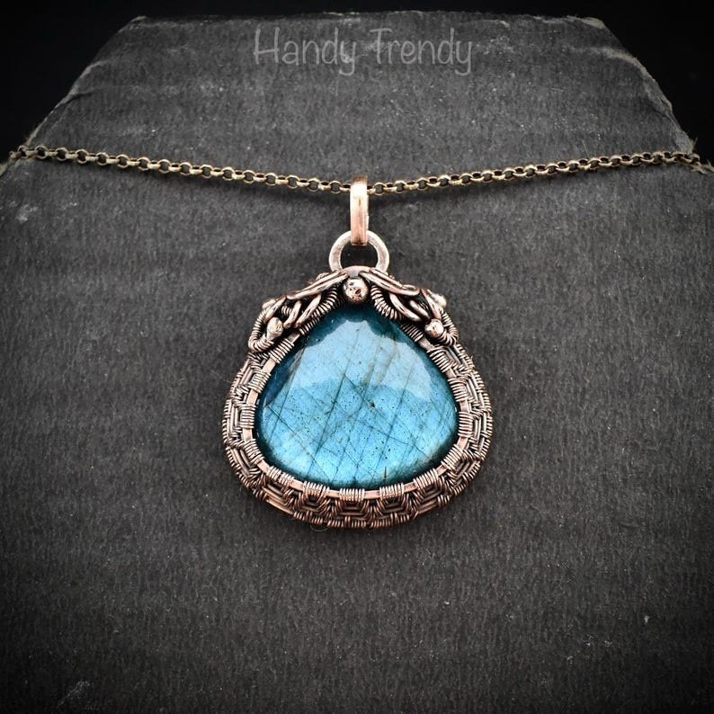 Blue labradorite pendant, Copper wire wrapped jewelry, Unique handmade birthday gift, Celestial artisan jewelry, One of a kind necklace