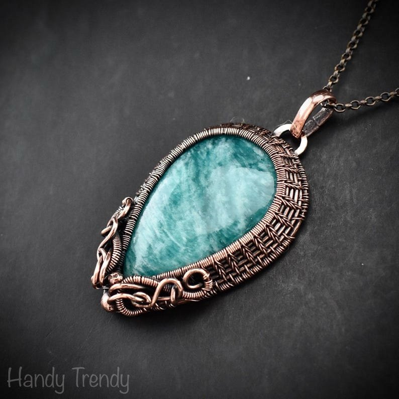 Amazonite Pendant, Copper wire wrapped necklace, Uniquw handmade gift, One of a kind artisan jewelry