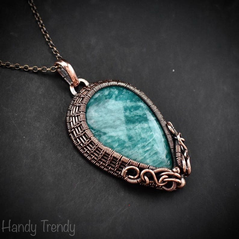 Amazonite Pendant, Copper wire wrapped necklace, Uniquw handmade gift, One of a kind artisan jewelry