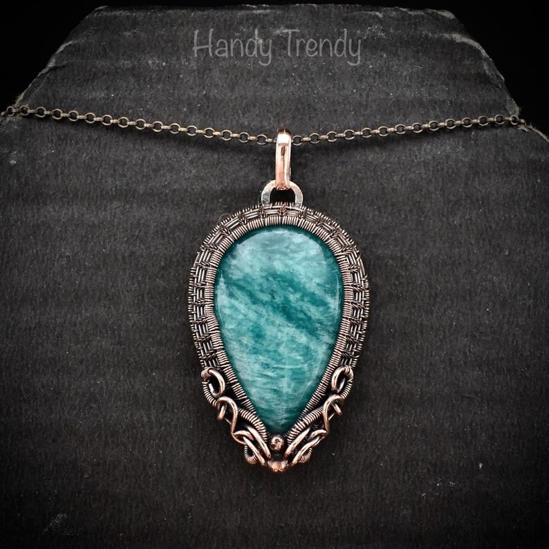 Amazonite Pendant, Copper wire wrapped necklace, Uniquw handmade gift, One of a kind artisan jewelry