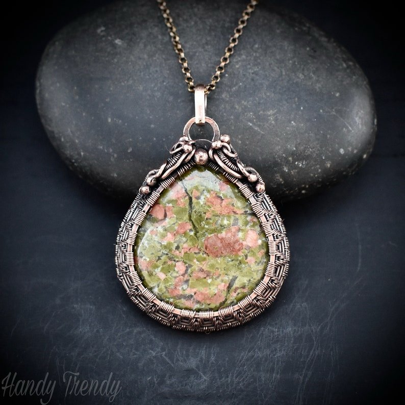 Unakite gemstone pendant, Copper wire wrapped jewelry, Unique handmade Gift, One of a kind artisan boho jewelry