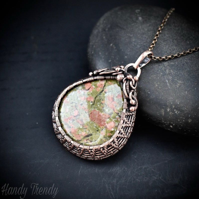 Unakite gemstone pendant, Copper wire wrapped jewelry, Unique handmade Gift, One of a kind artisan boho jewelry