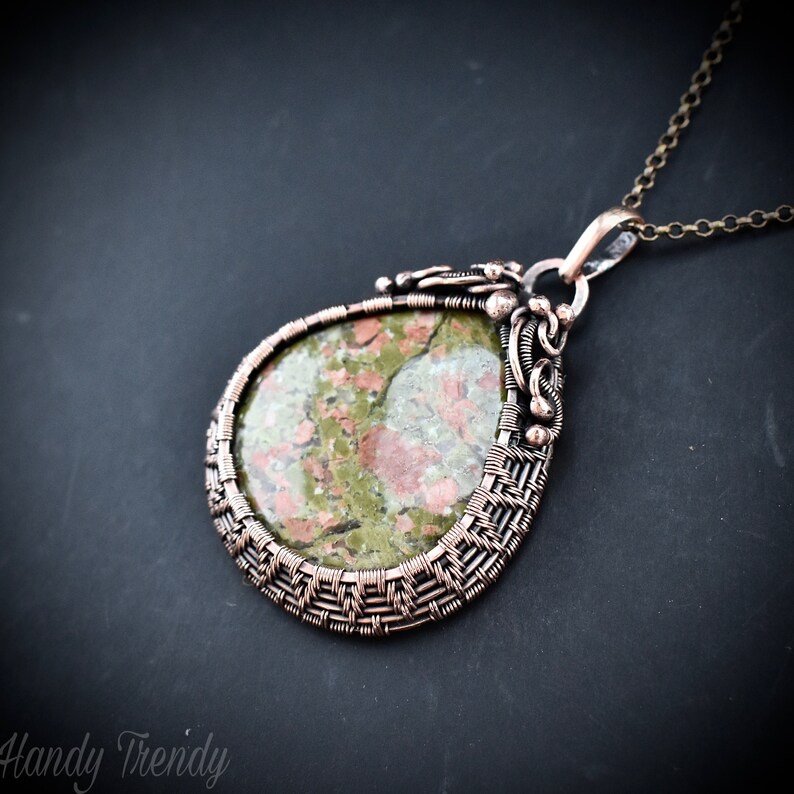 Unakite gemstone pendant, Copper wire wrapped jewelry, Unique handmade Gift, One of a kind artisan boho jewelry