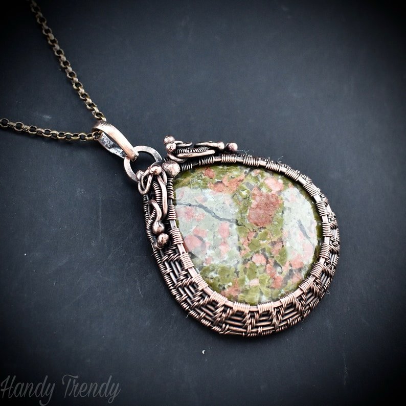 Unakite gemstone pendant, Copper wire wrapped jewelry, Unique handmade Gift, One of a kind artisan boho jewelry