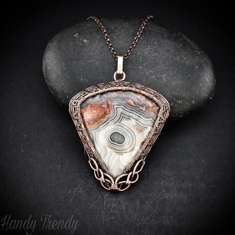 Crazy lace agate pendant, Copper wire wrapped jewelry, Unique handmade gift, Celestial artisan jewelry, One of a kind necklace