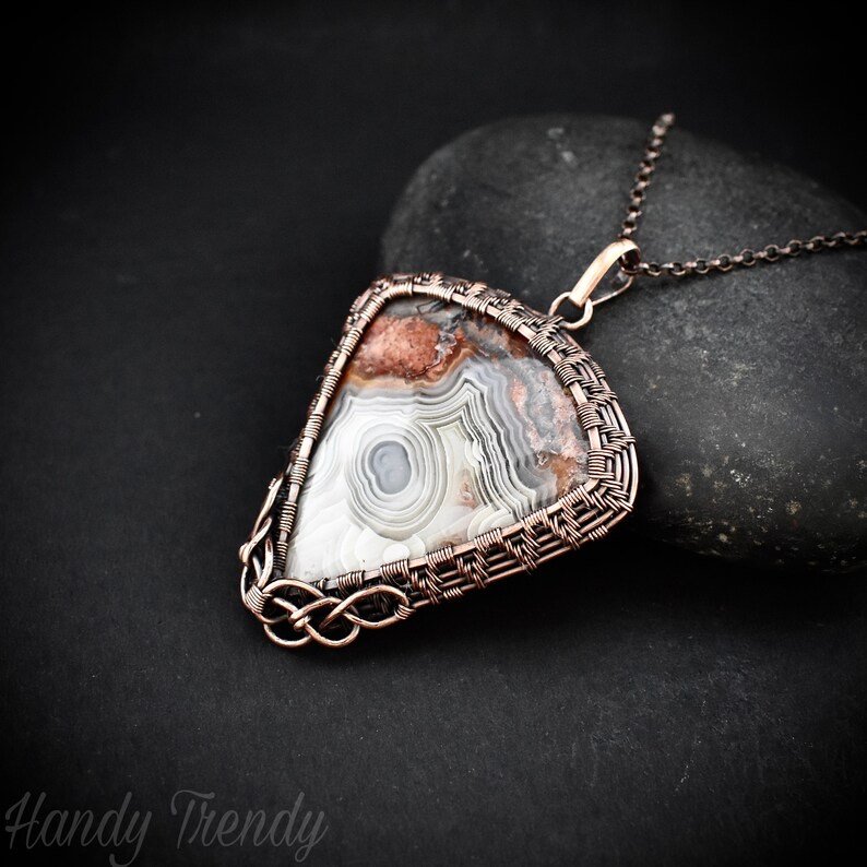 Crazy lace agate pendant, Copper wire wrapped jewelry, Unique handmade gift, Celestial artisan jewelry, One of a kind necklace