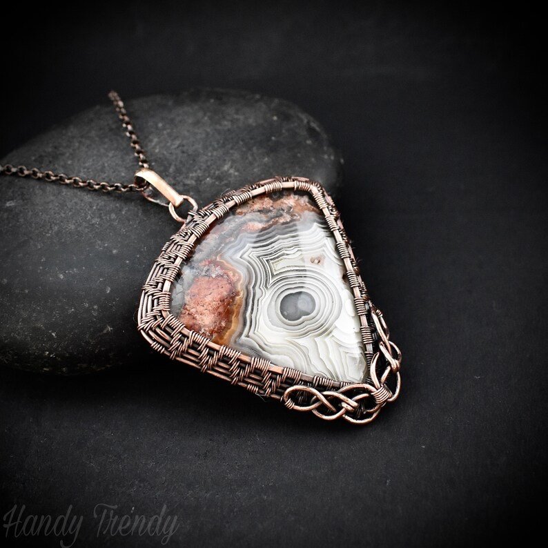 Crazy lace agate pendant, Copper wire wrapped jewelry, Unique handmade gift, Celestial artisan jewelry, One of a kind necklace