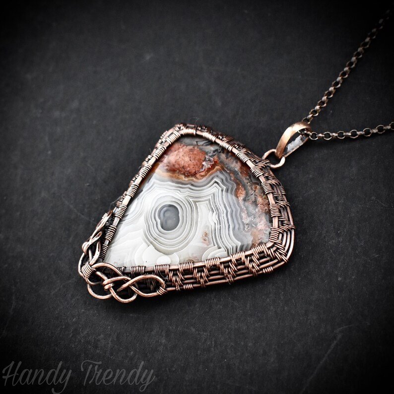 Crazy lace agate pendant, Copper wire wrapped jewelry, Unique handmade gift, Celestial artisan jewelry, One of a kind necklace