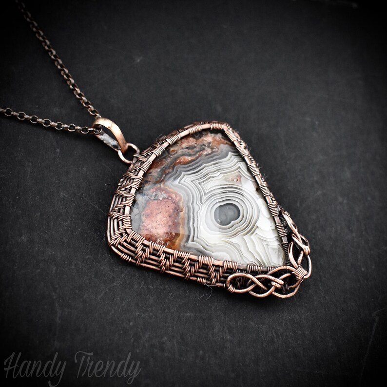 Crazy lace agate pendant, Copper wire wrapped jewelry, Unique handmade gift, Celestial artisan jewelry, One of a kind necklace