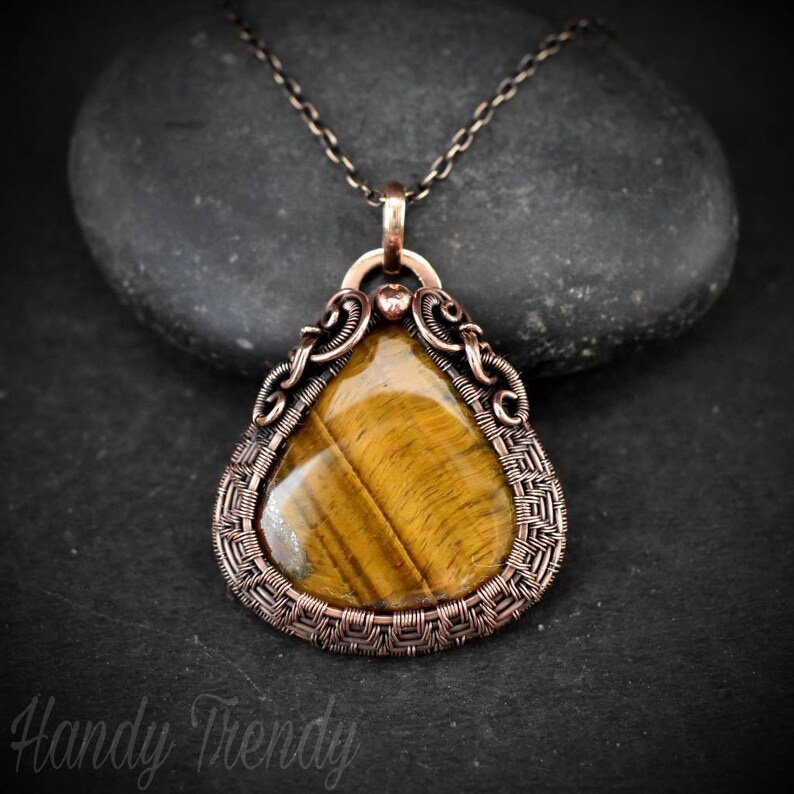 Tiger eye cage pendant, Copper wire wrapped jewelry, Unique handmade gift, Artisan boho necklace, One of a kind statement piece