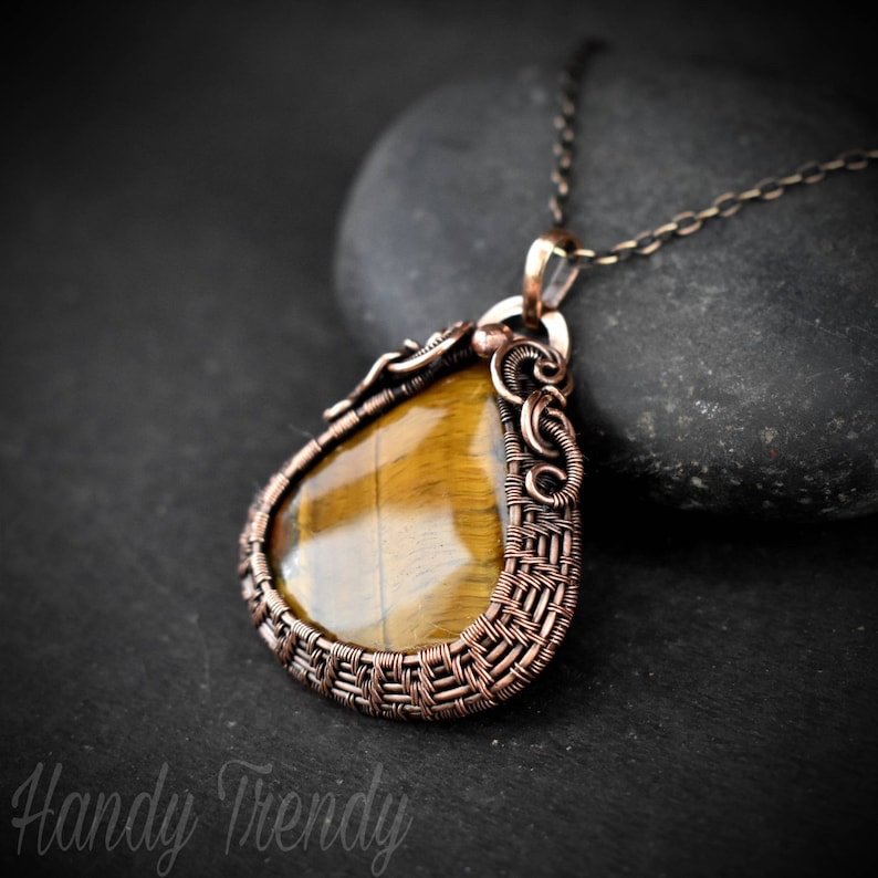 Tiger eye cage pendant, Copper wire wrapped jewelry, Unique handmade gift, Artisan boho necklace, One of a kind statement piece