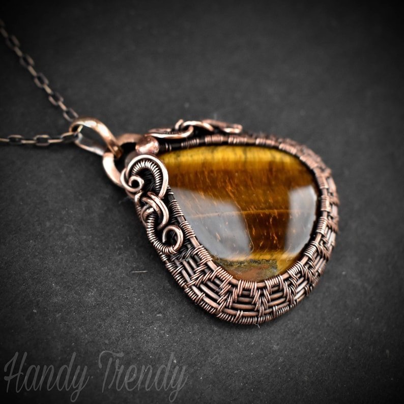 Tiger eye cage pendant, Copper wire wrapped jewelry, Unique handmade gift, Artisan boho necklace, One of a kind statement piece