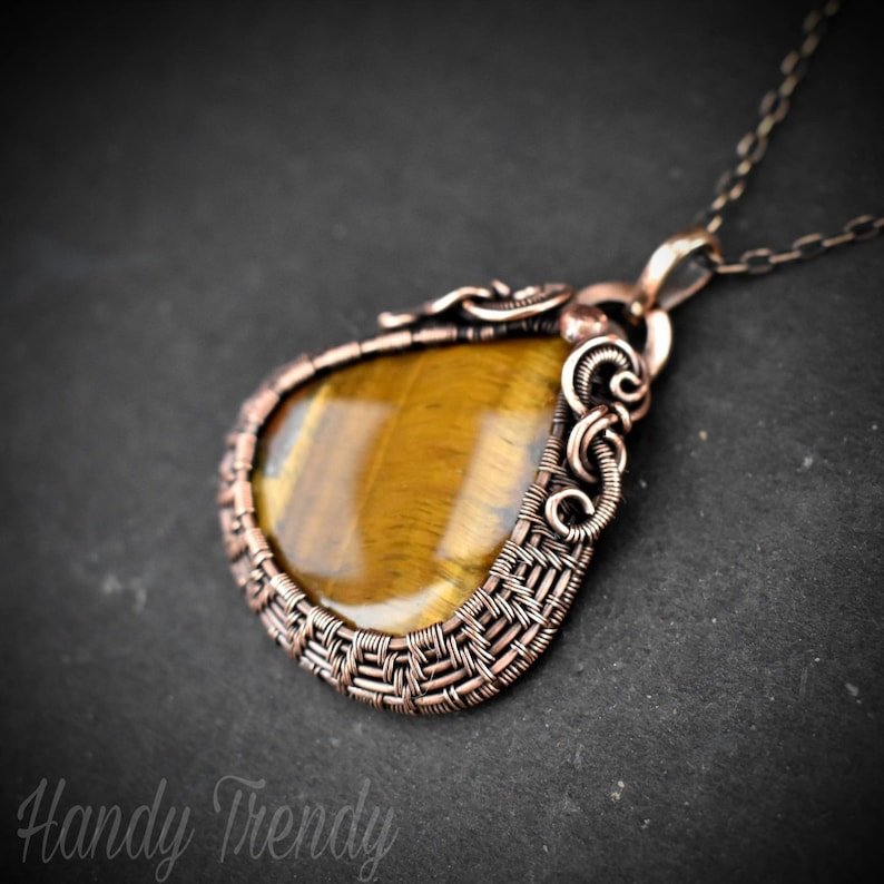 Tiger eye cage pendant, Copper wire wrapped jewelry, Unique handmade gift, Artisan boho necklace, One of a kind statement piece