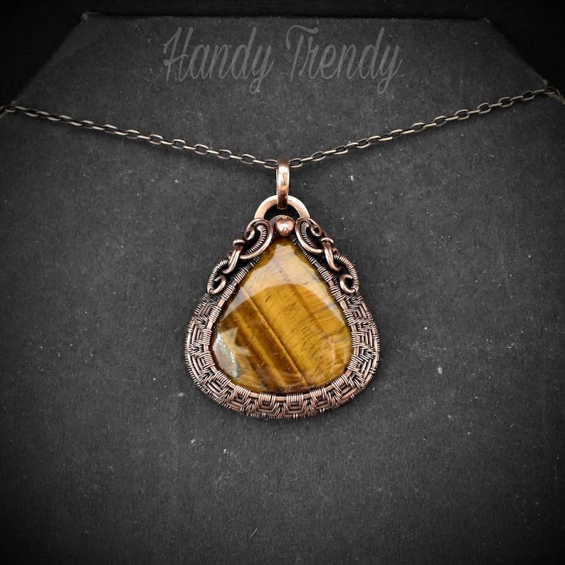 Tiger eye cage pendant, Copper wire wrapped jewelry, Unique handmade gift, Artisan boho necklace, One of a kind statement piece