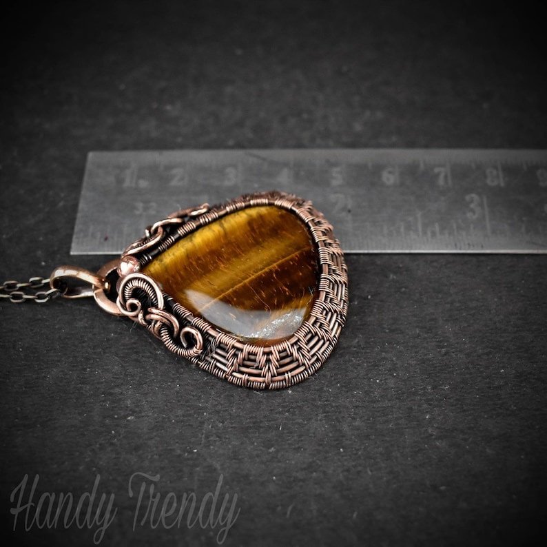Tiger eye cage pendant, Copper wire wrapped jewelry, Unique handmade gift, Artisan boho necklace, One of a kind statement piece