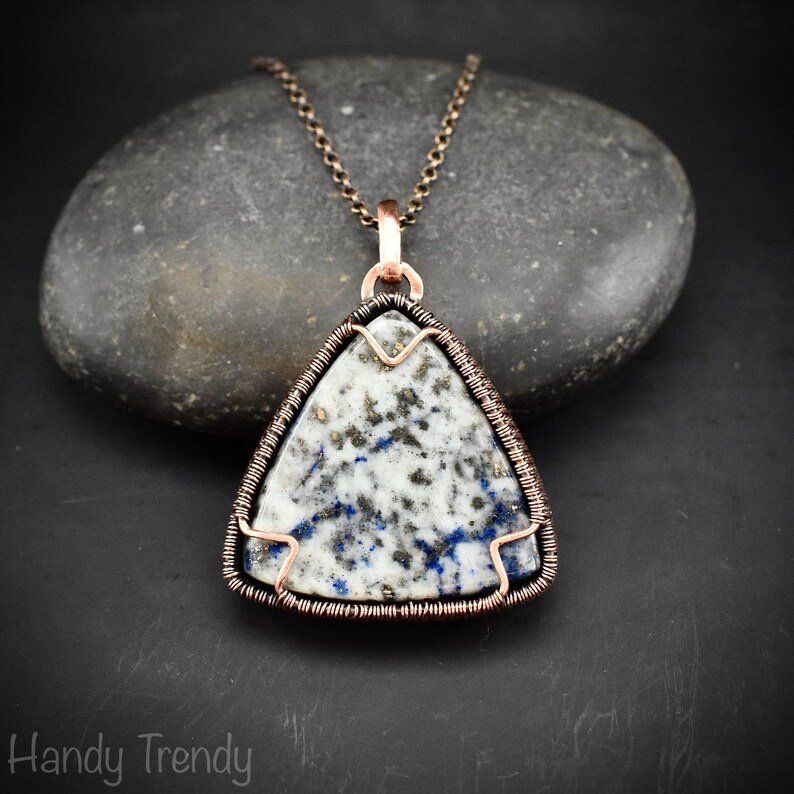 Lapis lazuli reversible triangle pendant, Copper wire wrapped necklace, Unique handmade gift, Artisan boho jewelry, Blue and grey necklace