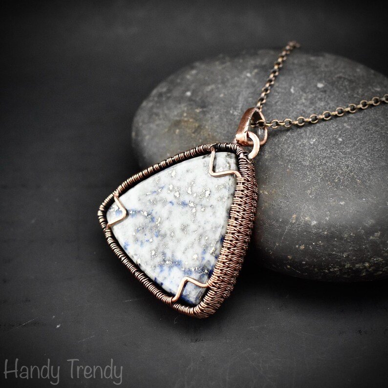 Lapis lazuli reversible triangle pendant, Copper wire wrapped necklace, Unique handmade gift, Artisan boho jewelry, Blue and grey necklace