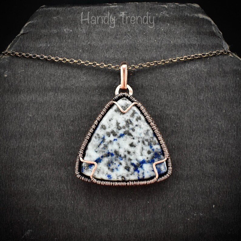 Lapis lazuli reversible triangle pendant, Copper wire wrapped necklace, Unique handmade gift, Artisan boho jewelry, Blue and grey necklace