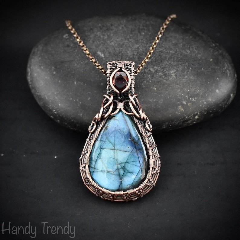 Blue labradorite and garnet pendant, Copper wire wrapped necklace, Unique handmade birthday gift, One of a kind artisan boho jewelry