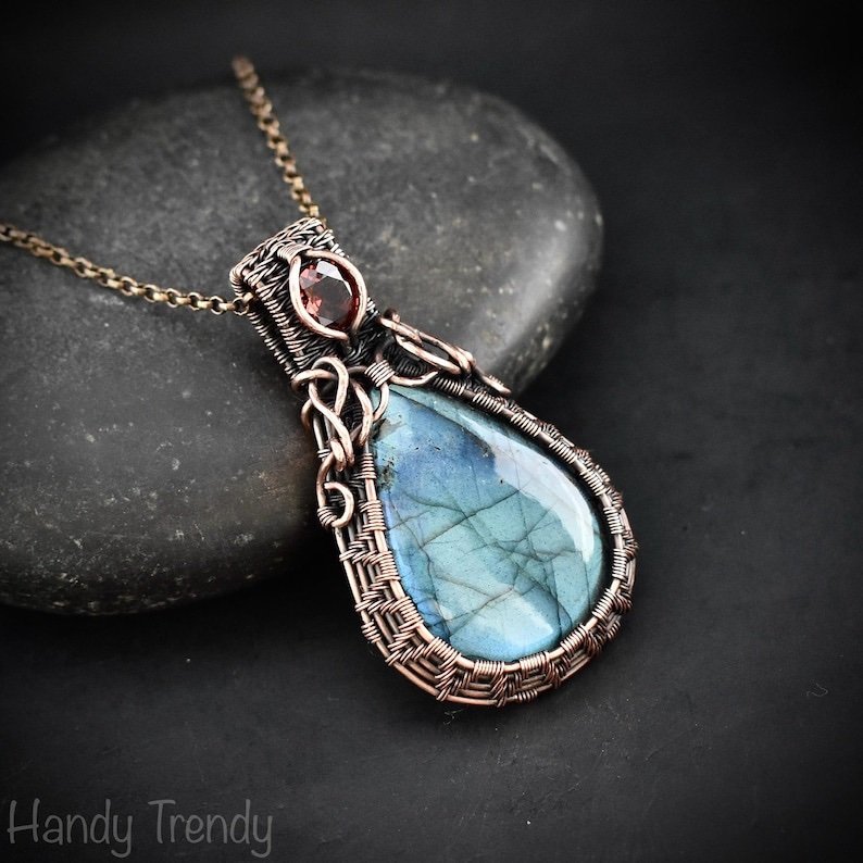 Blue labradorite and garnet pendant, Copper wire wrapped necklace, Unique handmade birthday gift, One of a kind artisan boho jewelry