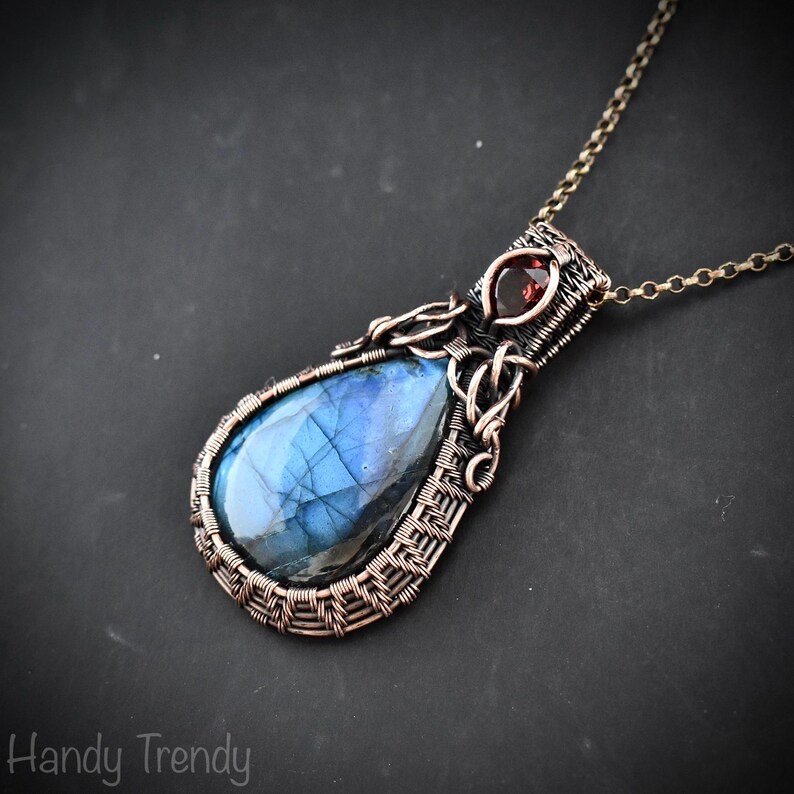 Blue labradorite and garnet pendant, Copper wire wrapped necklace, Unique handmade birthday gift, One of a kind artisan boho jewelry