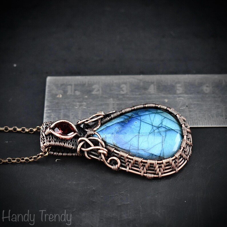 Blue labradorite and garnet pendant, Copper wire wrapped necklace, Unique handmade birthday gift, One of a kind artisan boho jewelry