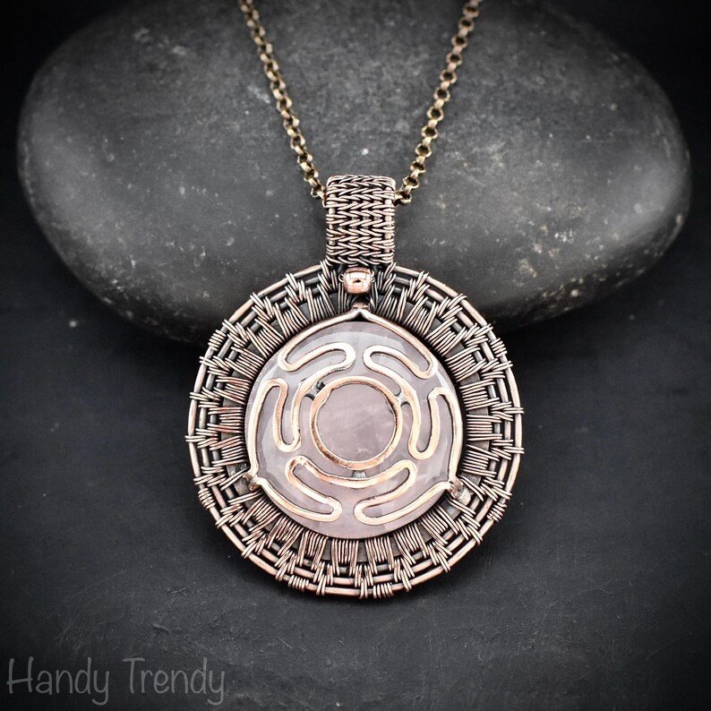 Goddess Hecate's wheel pendant, Rose quartz stone and Copper wire wrap necklace, Unique handmade gift, One of a kind artisan necklace