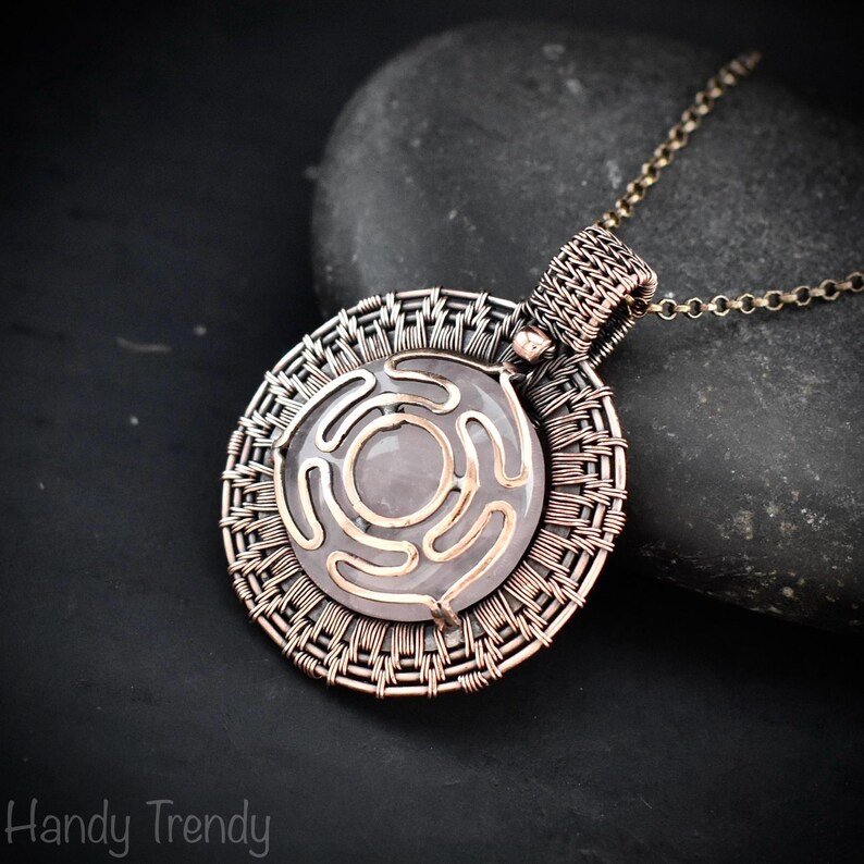 Goddess Hecate's wheel pendant, Rose quartz stone and Copper wire wrap necklace, Unique handmade gift, One of a kind artisan necklace