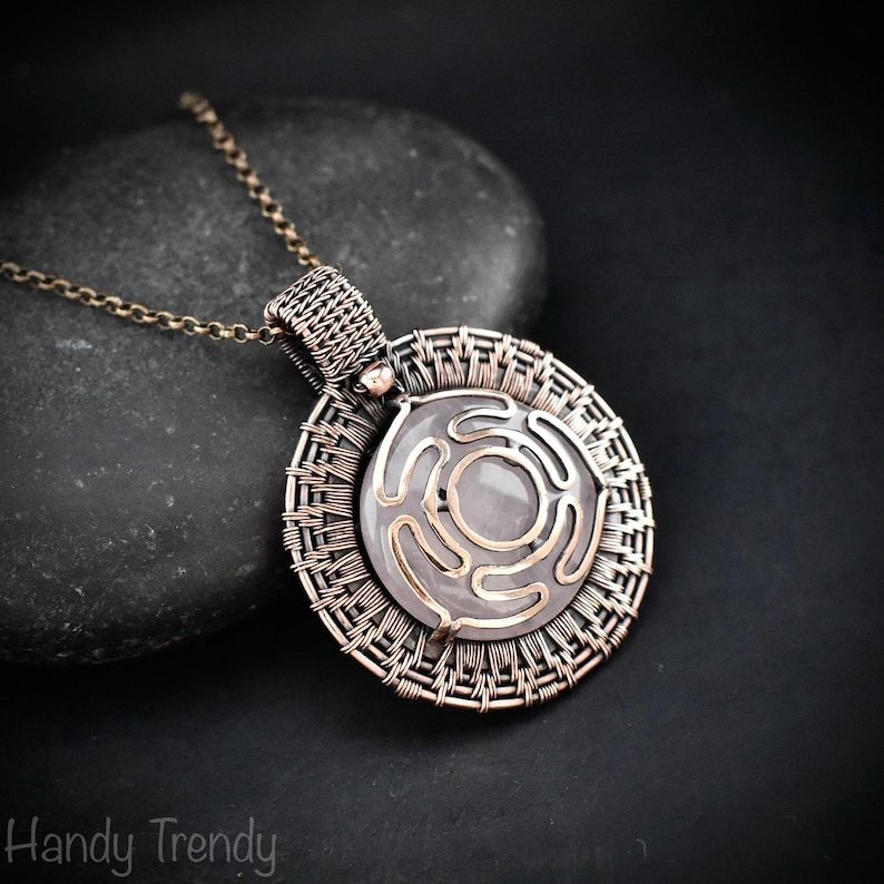 Goddess Hecate's wheel pendant, Rose quartz stone and Copper wire wrap necklace, Unique handmade gift, One of a kind artisan necklace