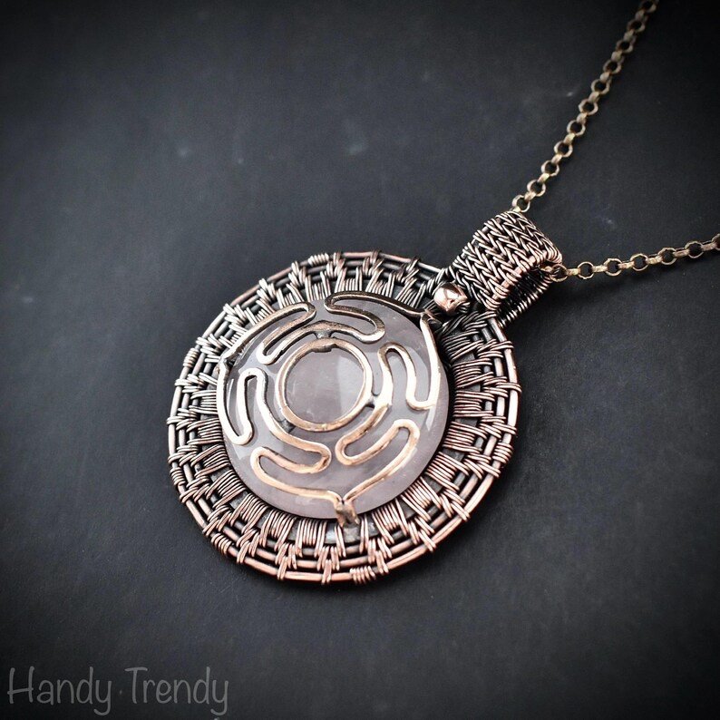 Goddess Hecate's wheel pendant, Rose quartz stone and Copper wire wrap necklace, Unique handmade gift, One of a kind artisan necklace