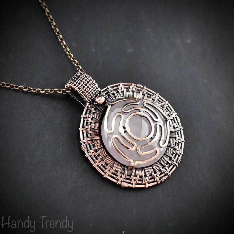 Goddess Hecate's wheel pendant, Rose quartz stone and Copper wire wrap necklace, Unique handmade gift, One of a kind artisan necklace