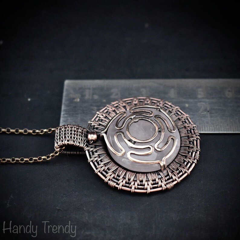 Goddess Hecate's wheel pendant, Rose quartz stone and Copper wire wrap necklace, Unique handmade gift, One of a kind artisan necklace