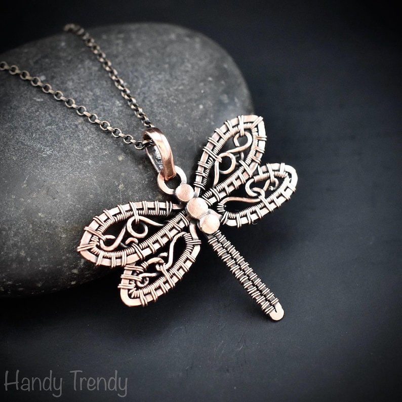 Dragonfly pendant, Copper wire wrapped jewelry, Unique handmade gift, Flying creature, Animal jewelry, One of a kind necklace