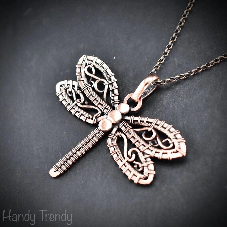 Dragonfly pendant, Copper wire wrapped jewelry, Unique handmade gift, Flying creature, Animal jewelry, One of a kind necklace