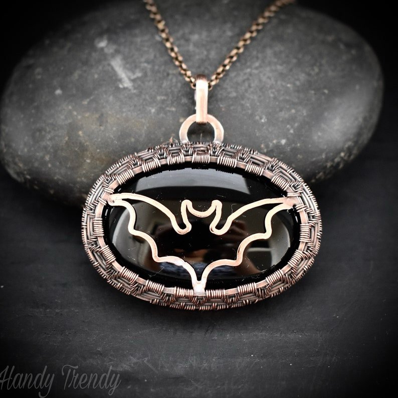 Bat pendant, Black onyx and copper wire wrapped jewelry, Unique handmade gift, One of a kind witch theme artisan necklace,