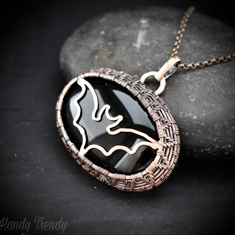 Bat pendant, Black onyx and copper wire wrapped jewelry, Unique handmade gift, One of a kind witch theme artisan necklace,
